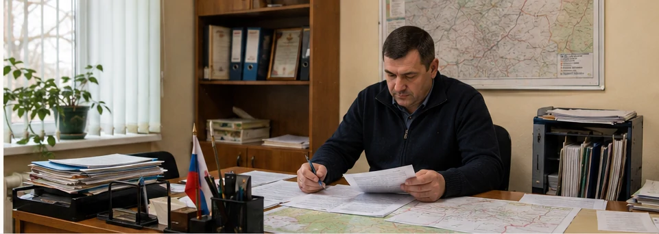A modest rural administration office with documents and a map