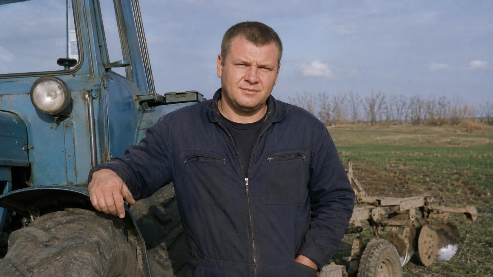 Young man near rural machinery