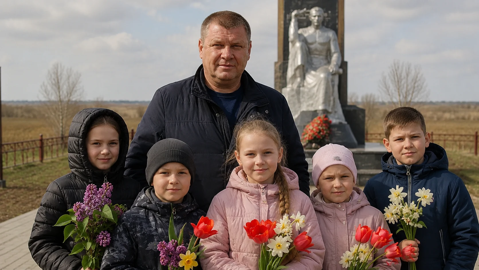 Children and adults near a rural memorial place