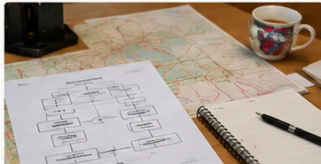 A desk with a printed site map and notes